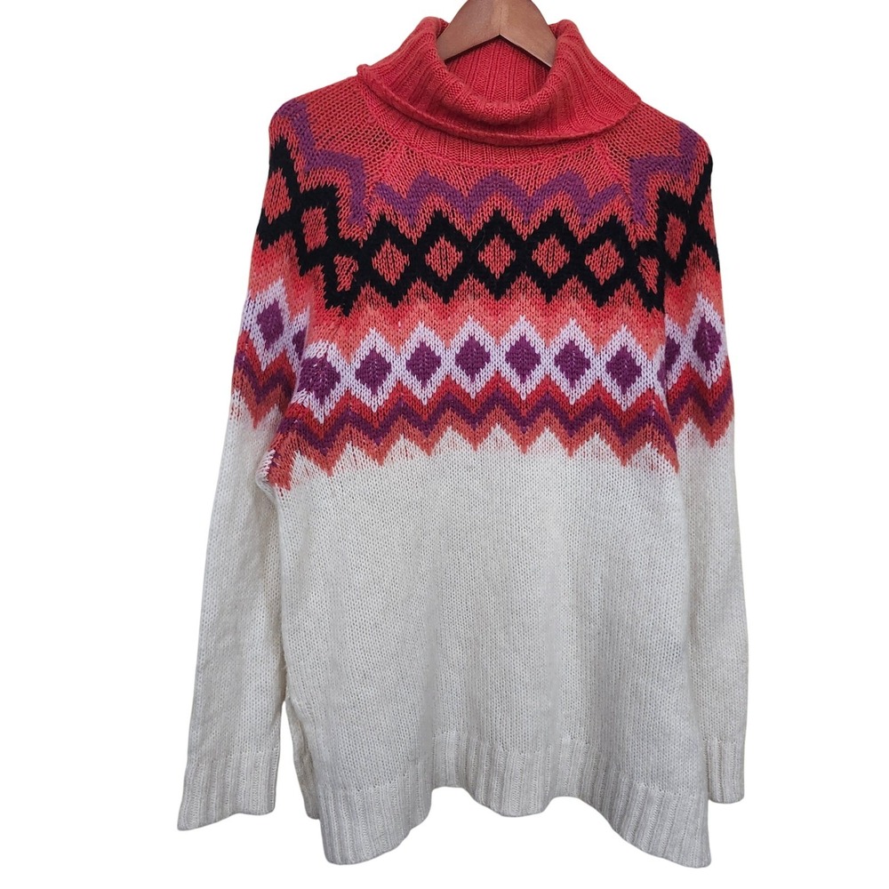 Aerie‎ Fair Isle Turtleneck Sweater Womens Medium White Red Wool Blend Pullover
